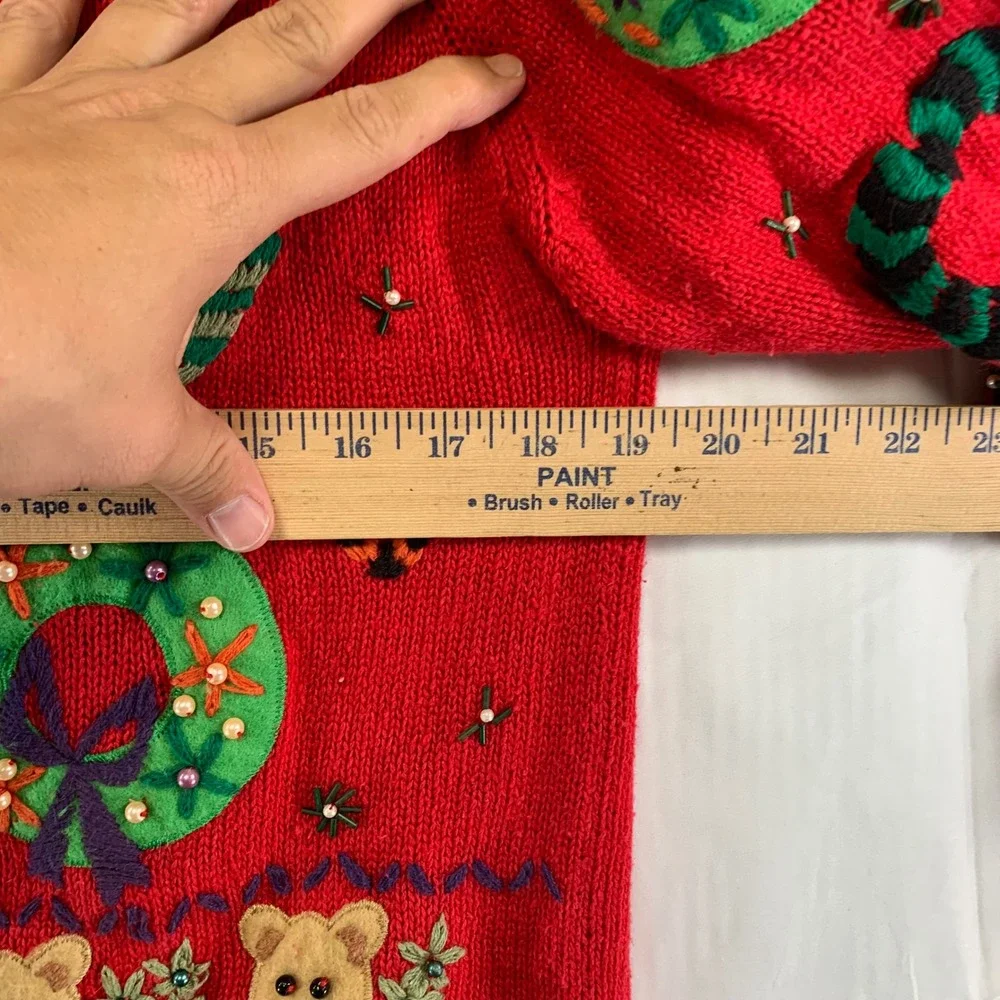 Hampshire Studio Cardigan Women‎ M Red Christmas Teddy Bear Applique Sweater